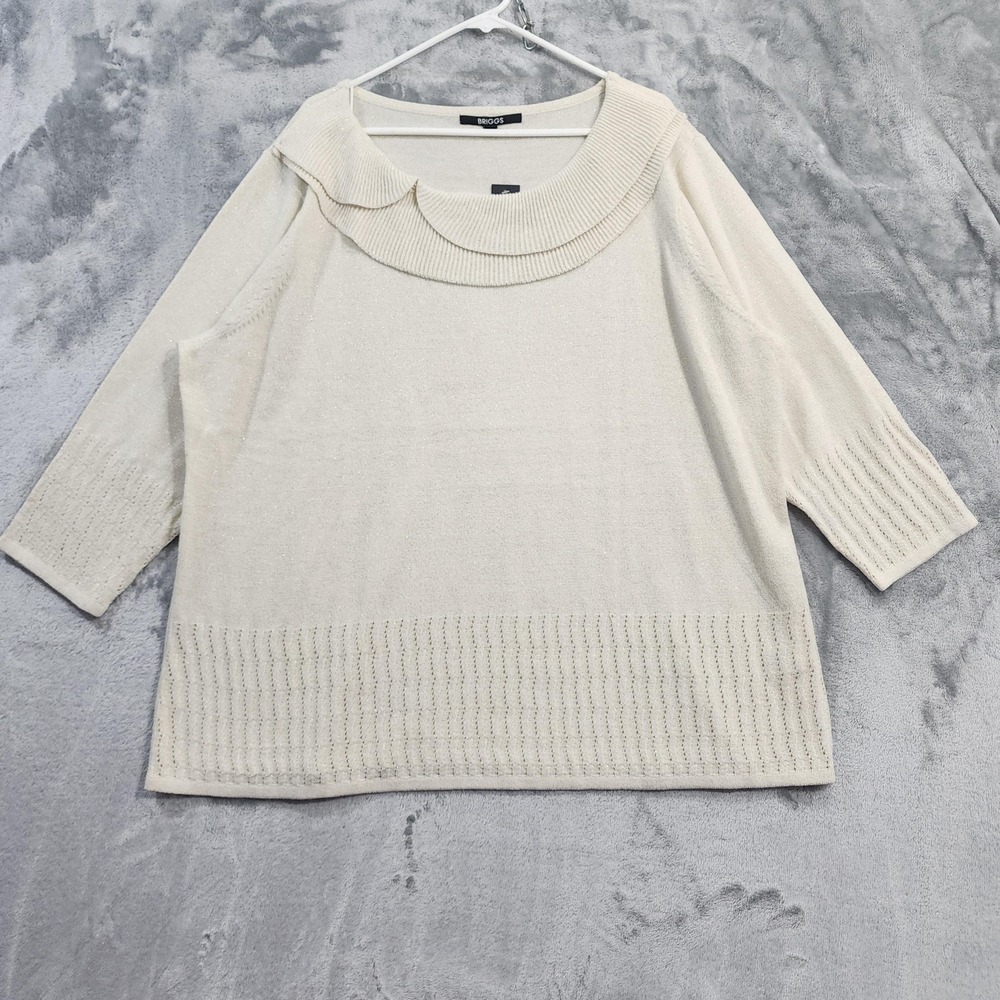 NEW Briggs Sweater Womens 3X Cream Metallic‎ Boat Neck 3/4 Sleeve Layered Collar